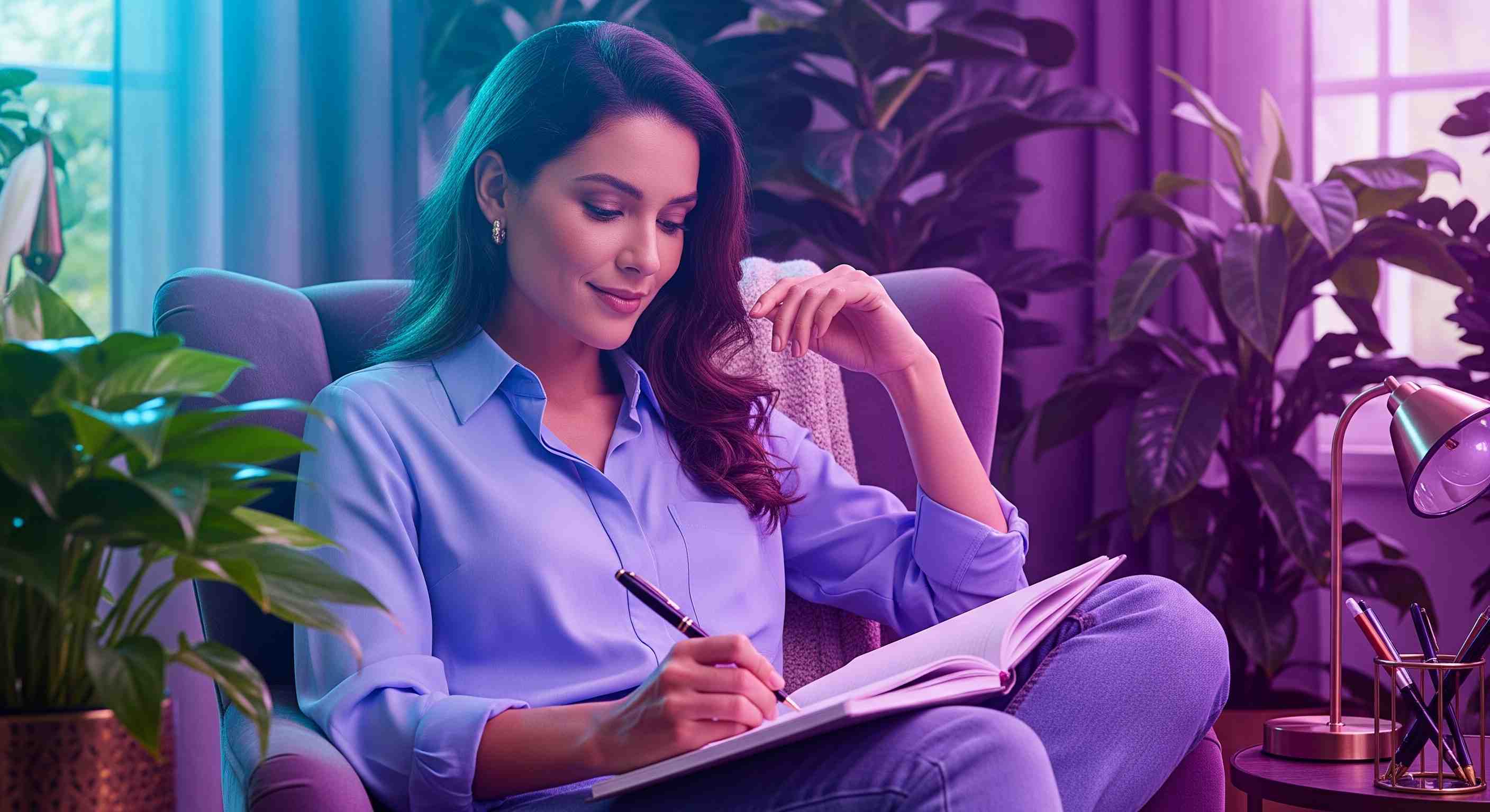 Mulher planejando 2026 com serenidade em ambiente feminino e acolhedor.