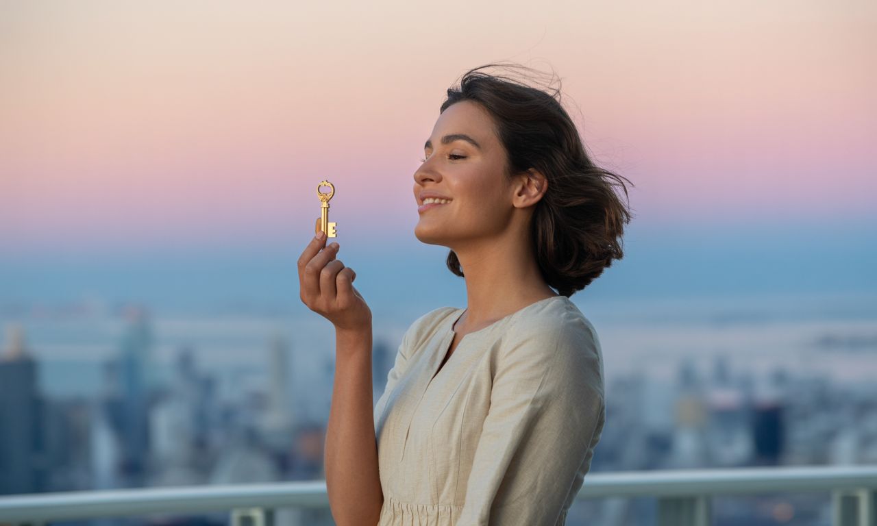 Mulher planejando 2026 com serenidade em ambiente feminino e acolhedor.