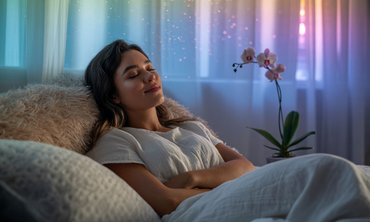 Mulher planejando 2026 com serenidade em ambiente feminino e acolhedor.