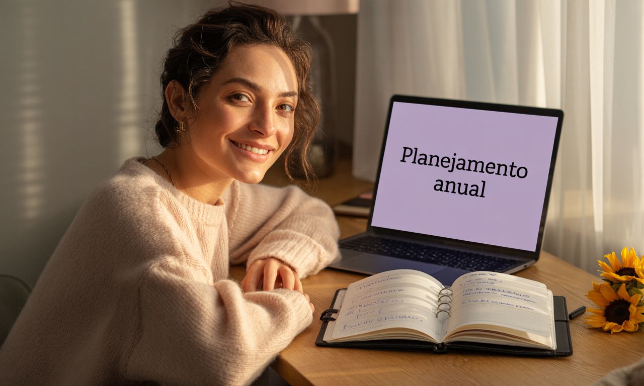 Mulher planejando 2026 com serenidade em ambiente feminino e acolhedor.