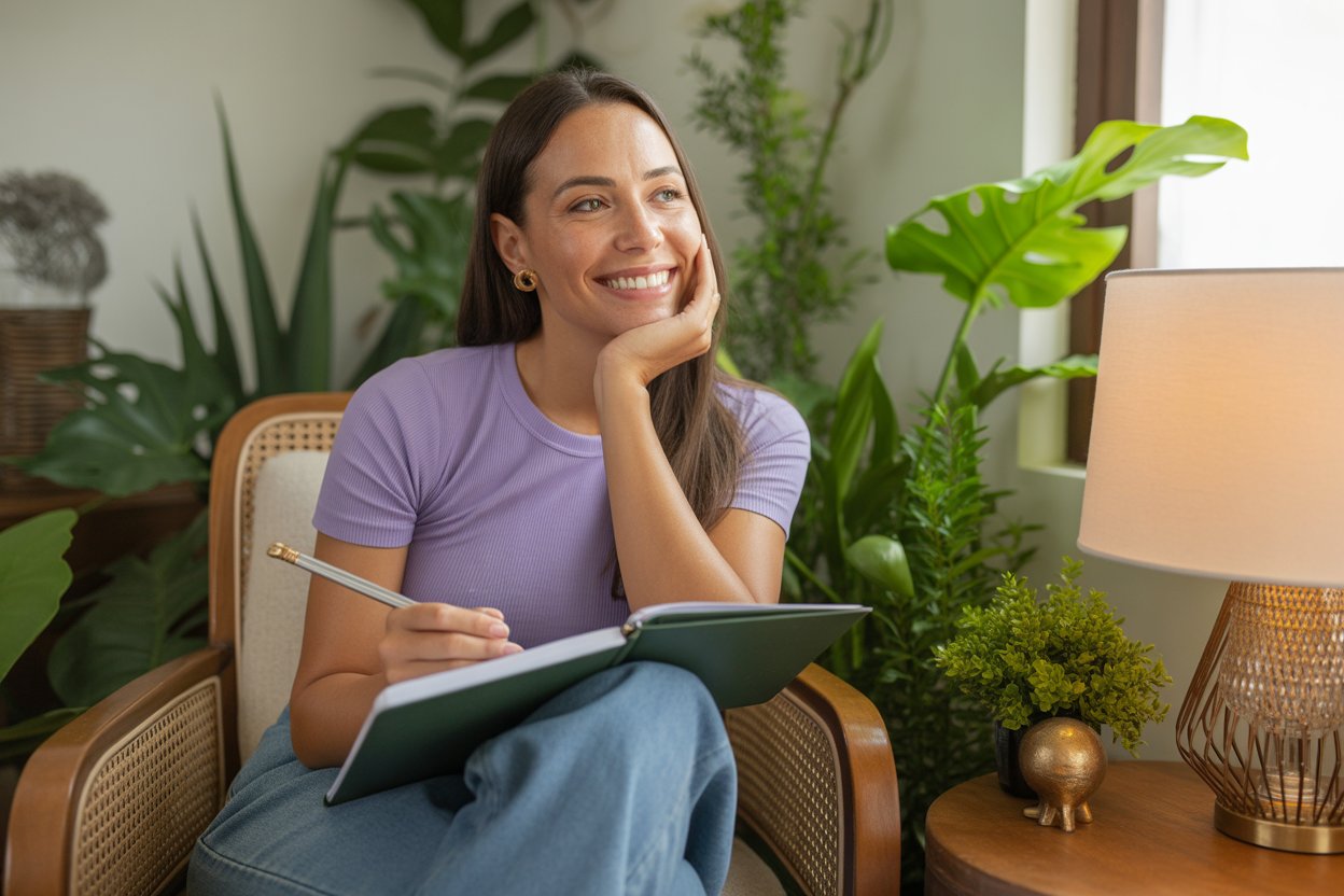 Mulher planejando 2026 com serenidade em ambiente feminino e acolhedor.