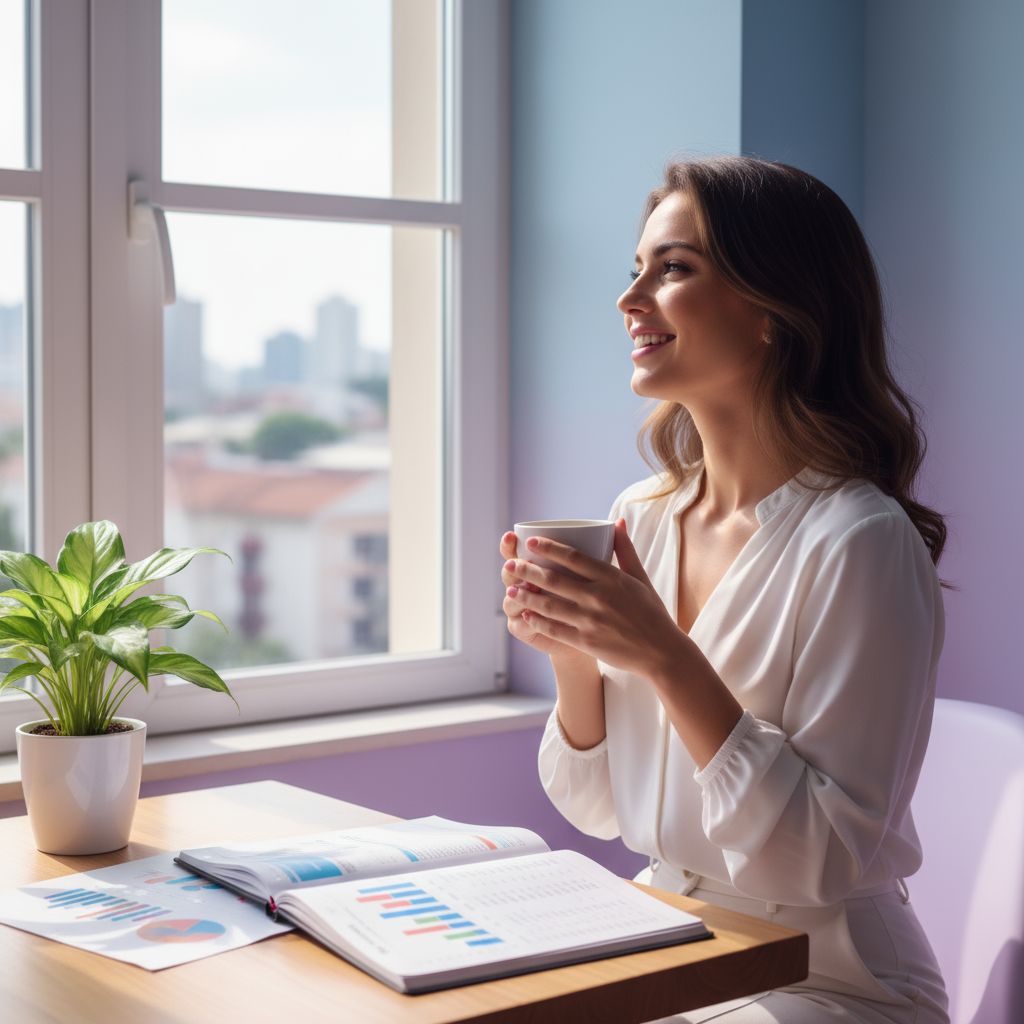 Mulher planejando 2026 com serenidade em ambiente feminino e acolhedor.