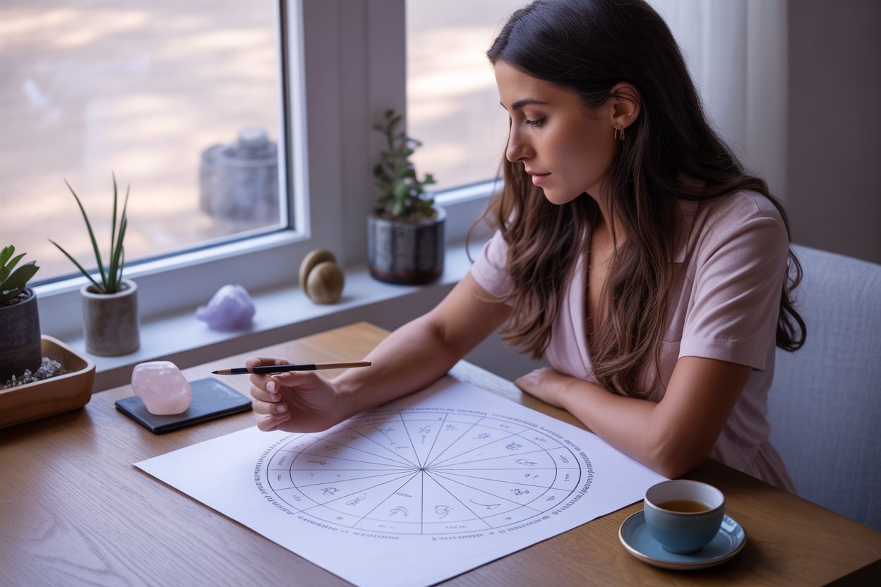Mulher analisando o Mapa Astral